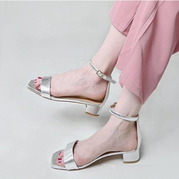 XYD Silver Open Toe Sandals Buckled Low Chunky Heel with Ankle Strap for Wedding - Picture 1 of 8